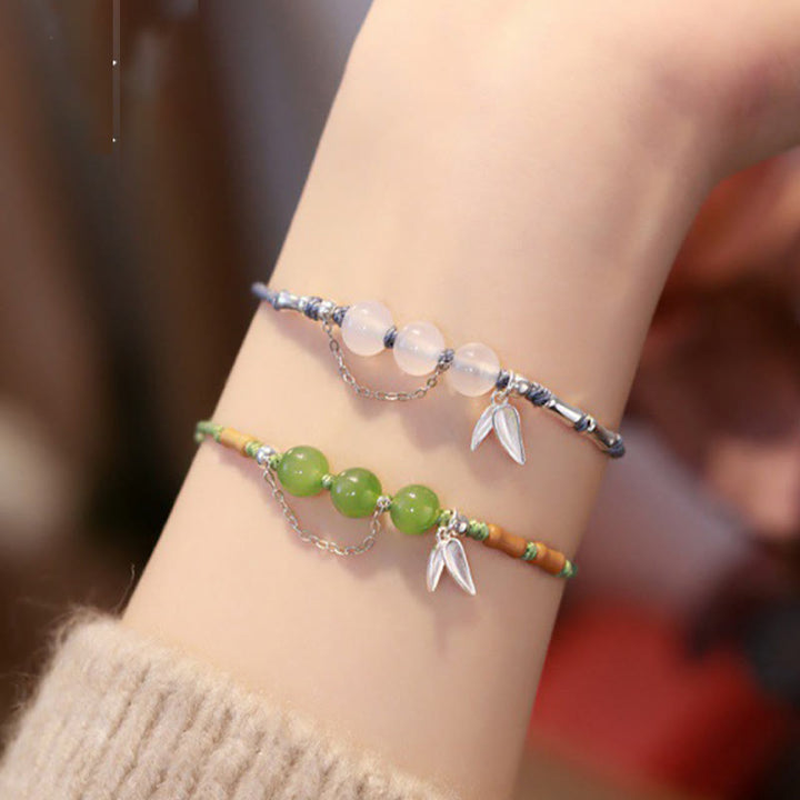 Bracciale intrecciato con perline di giada e calcedonio di Hetian, foglie di bambù, argento sterling 925, Buddha Stones