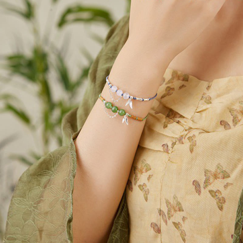 Bracciale intrecciato con perline di giada e calcedonio di Hetian, foglie di bambù, argento sterling 925, Buddha Stones