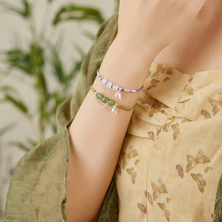 Bracciale intrecciato con perline di giada e calcedonio di Hetian, foglie di bambù, argento sterling 925, Buddha Stones