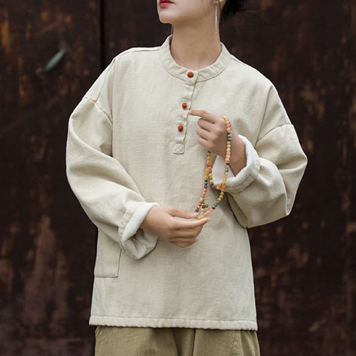 Camicia da donna in lino ramiè a maniche lunghe, termica, retrò, tinta unita, Buddha Stones