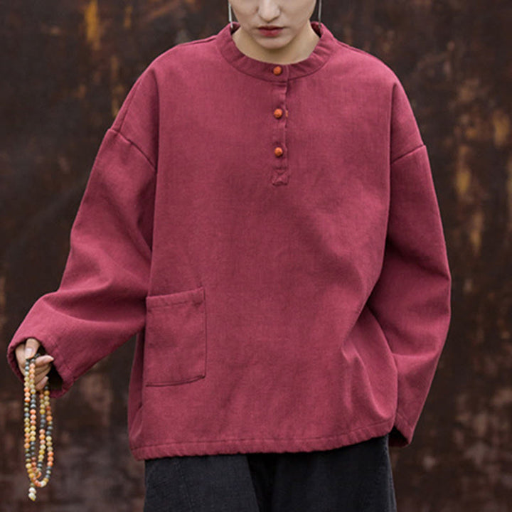 Camicia da donna in lino ramiè a maniche lunghe, termica, retrò, tinta unita, Buddha Stones