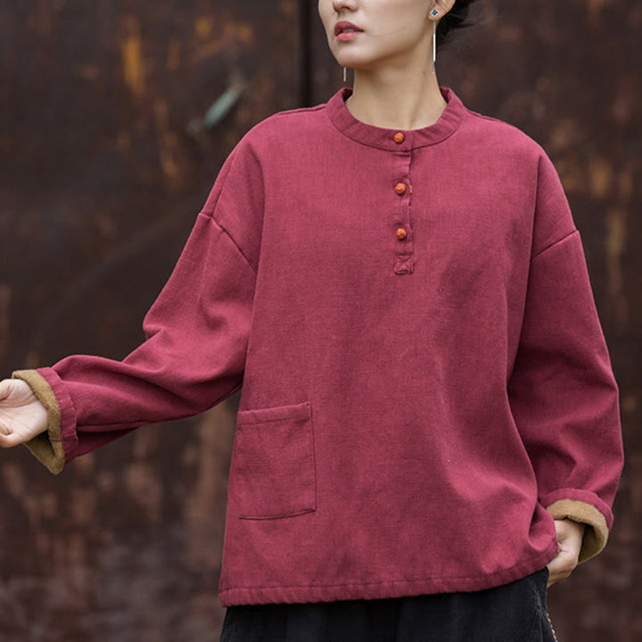 Camicia da donna in lino ramiè a maniche lunghe, termica, retrò, tinta unita, Buddha Stones