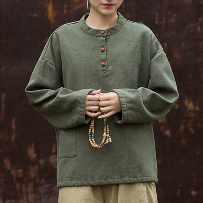 Camicia da donna in lino ramiè a maniche lunghe, termica, retrò, tinta unita, Buddha Stones