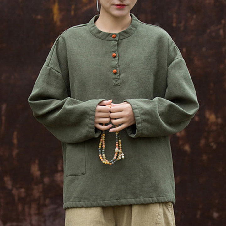 Camicia da donna in lino ramiè a maniche lunghe, termica, retrò, tinta unita, Buddha Stones