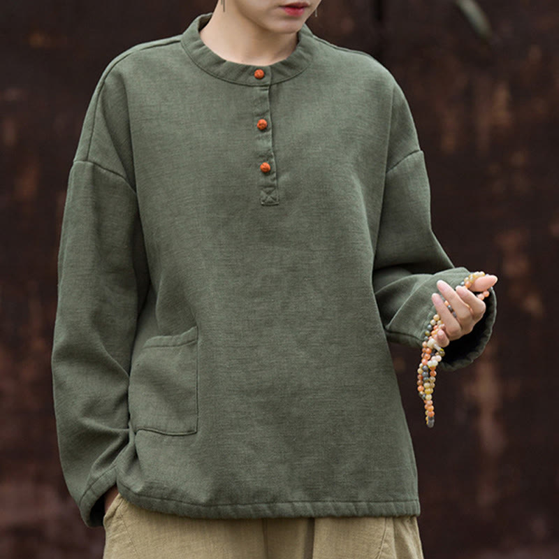 Camicia da donna in lino ramiè a maniche lunghe, termica, retrò, tinta unita, Buddha Stones