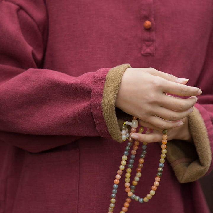 Camicia da donna in lino ramiè a maniche lunghe, termica, retrò, tinta unita, Buddha Stones
