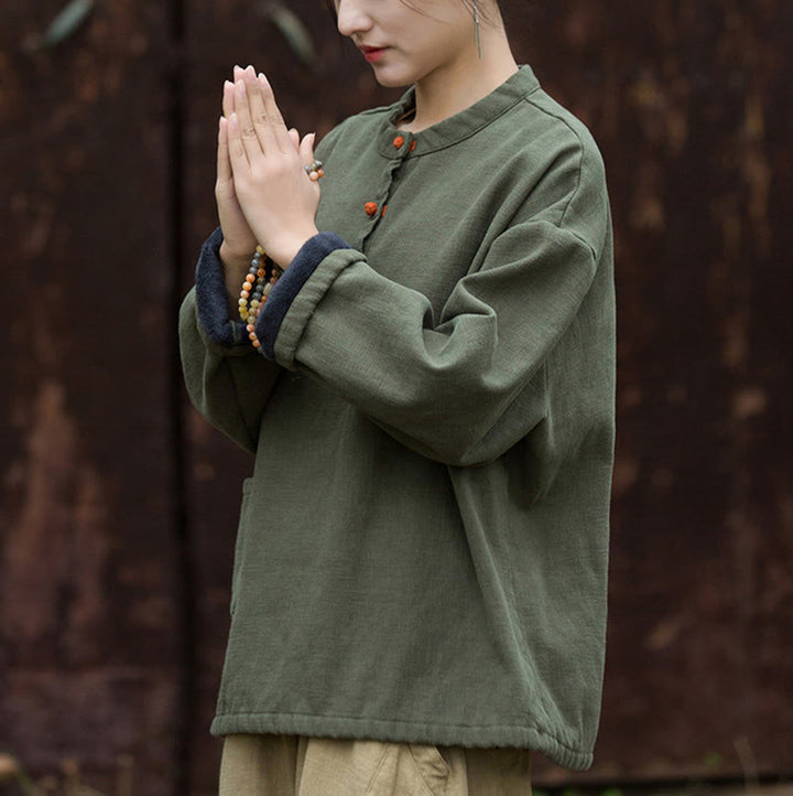 Camicia da donna in lino ramiè a maniche lunghe, termica, retrò, tinta unita, Buddha Stones
