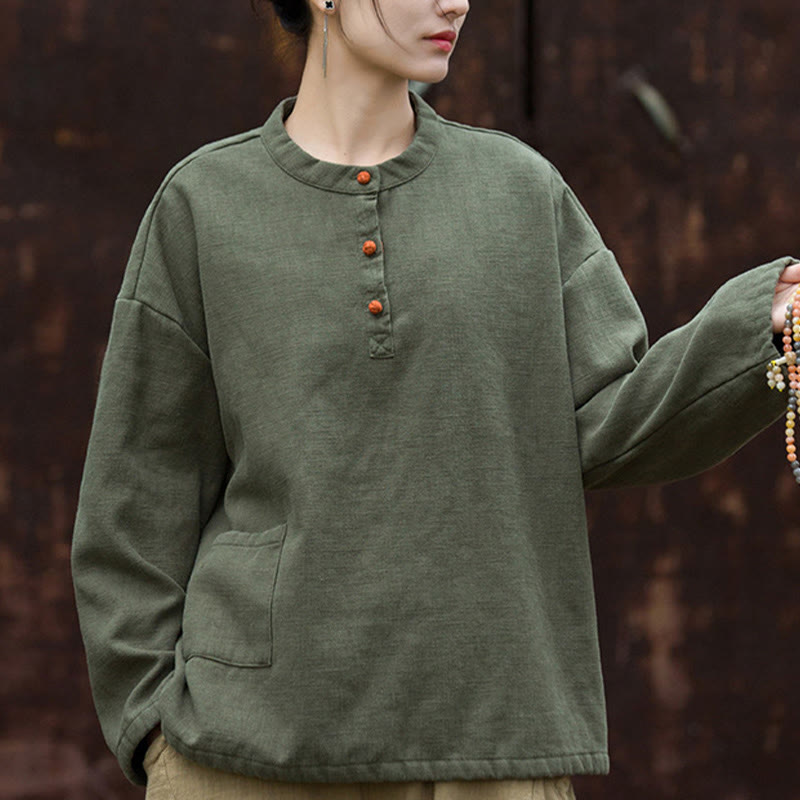 Camicia da donna in lino ramiè a maniche lunghe, termica, retrò, tinta unita, Buddha Stones