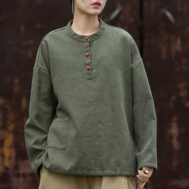 Camicia da donna in lino ramiè a maniche lunghe, termica, retrò, tinta unita, Buddha Stones
