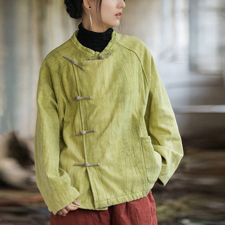 Camicia da donna in lino ramiè a maniche lunghe con bottoni a rana e tinta unita, termica , Buddha Stones - VerdeGiallo - US4， UK/AU8，EU36-44 (F) - image 17