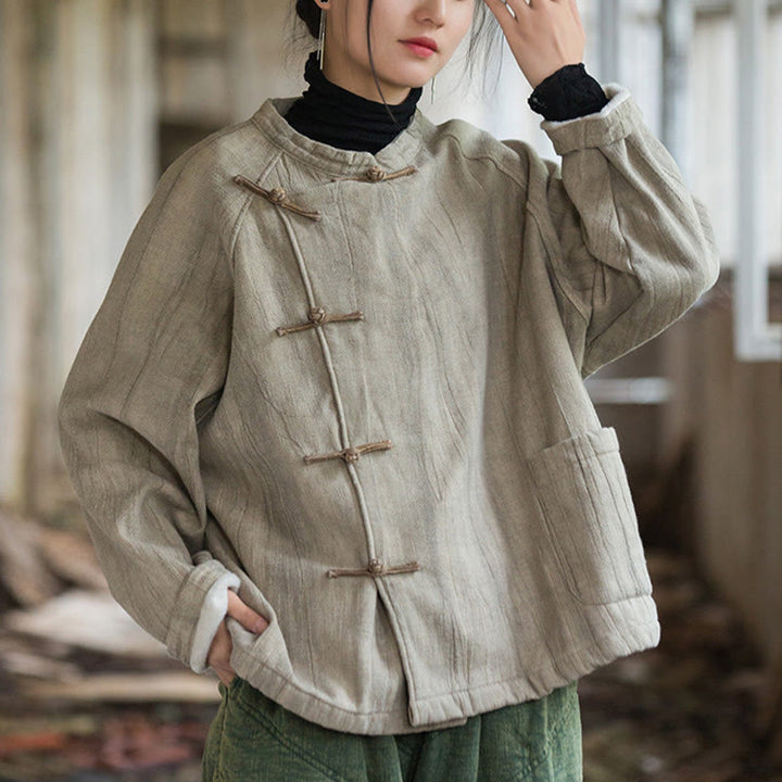 Camicia da donna in lino ramiè a maniche lunghe con bottoni a rana e tinta unita, termica , Buddha Stones - image 4