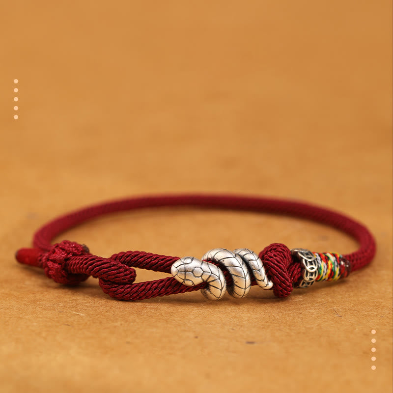 Buddha Stones Anello con moneta dell'anno del serpente in argento sterling 925 con corda rossa Braccialetto portafortuna a forma di serpente - Rosso scuro - 18-20 cm - image 0
