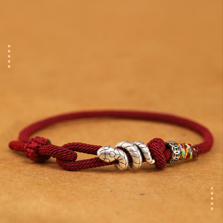 Buddha Stones Anello con moneta dell'anno del serpente in argento sterling 925 con corda rossa Braccialetto portafortuna a forma di serpente - Rosso scuro - 18-20 cm - image 0