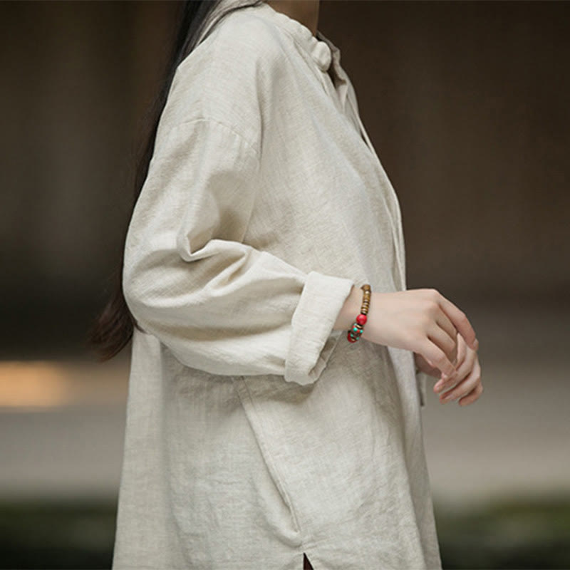 Camicia da donna in lino ramiè a maniche lunghe, stile retrò, tinta unita, motivo Buddha Stones
