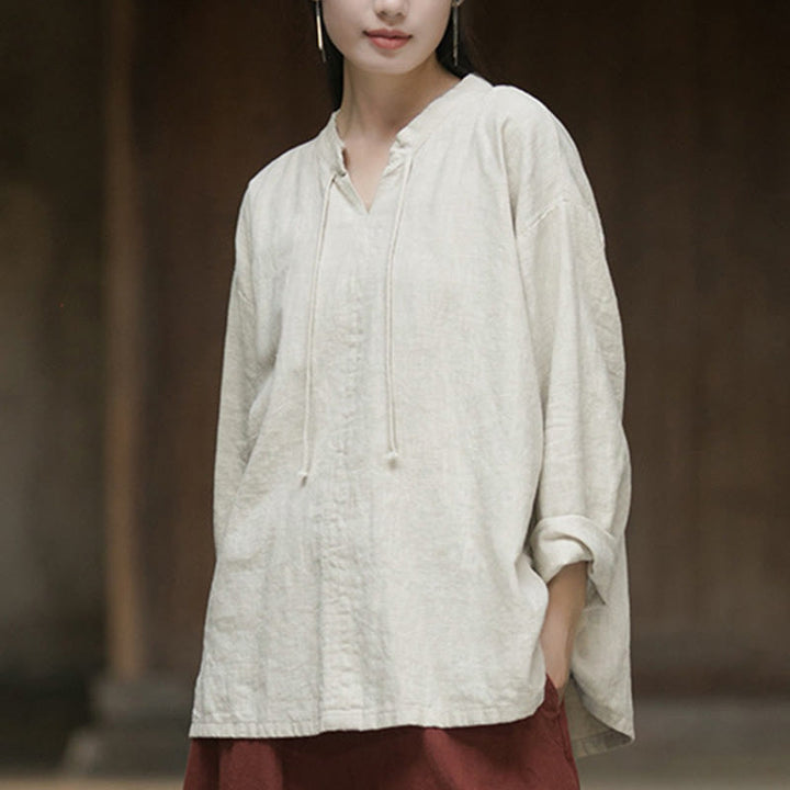 Camicia da donna in lino ramiè a maniche lunghe, stile retrò, tinta unita, motivo Buddha Stones