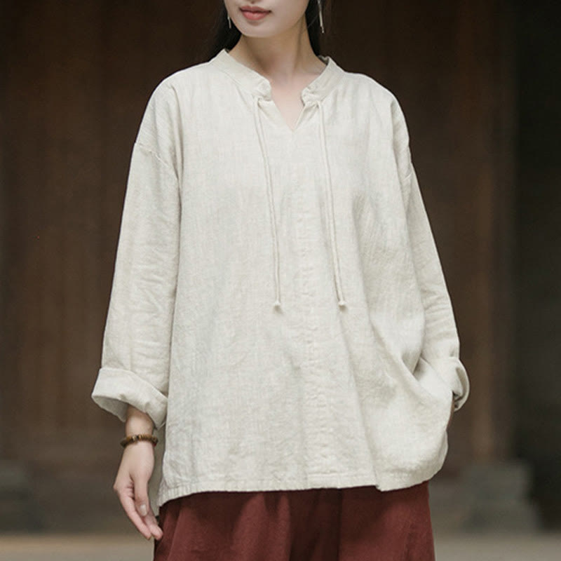 Camicia da donna in lino ramiè a maniche lunghe, stile retrò, tinta unita, motivo Buddha Stones