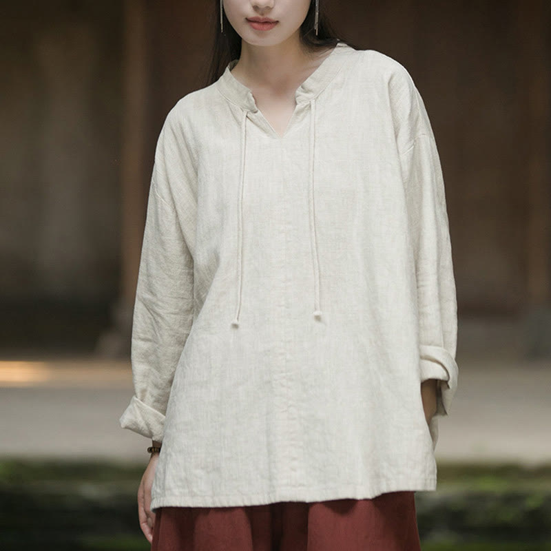 Camicia da donna in lino ramiè a maniche lunghe, stile retrò, tinta unita, motivo Buddha Stones