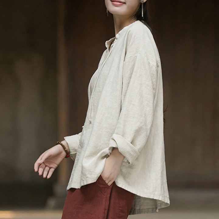 Camicia da donna in lino ramiè a maniche lunghe, stile retrò, tinta unita, motivo Buddha Stones