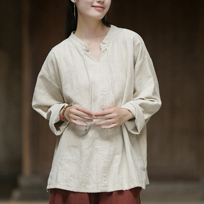 Camicia da donna in lino ramiè a maniche lunghe, stile retrò, tinta unita, motivo Buddha Stones