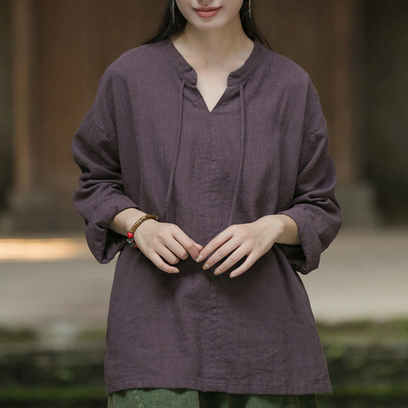 Camicia da donna in lino ramiè a maniche lunghe, stile retrò, tinta unita, motivo Buddha Stones
