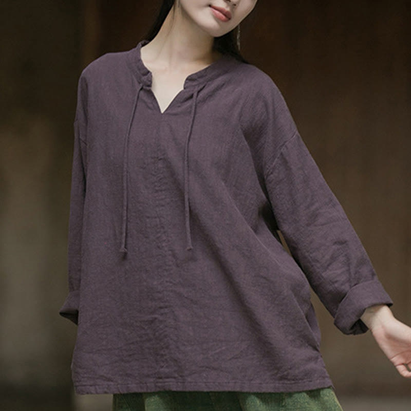 Camicia da donna in lino ramiè a maniche lunghe, stile retrò, tinta unita, motivo Buddha Stones