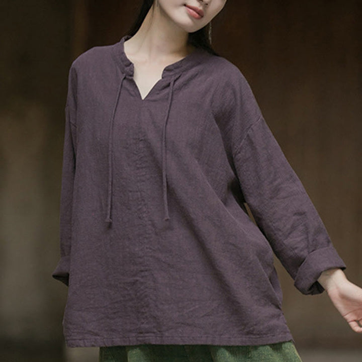 Camicia da donna in lino ramiè a maniche lunghe, stile retrò, tinta unita, motivo Buddha Stones