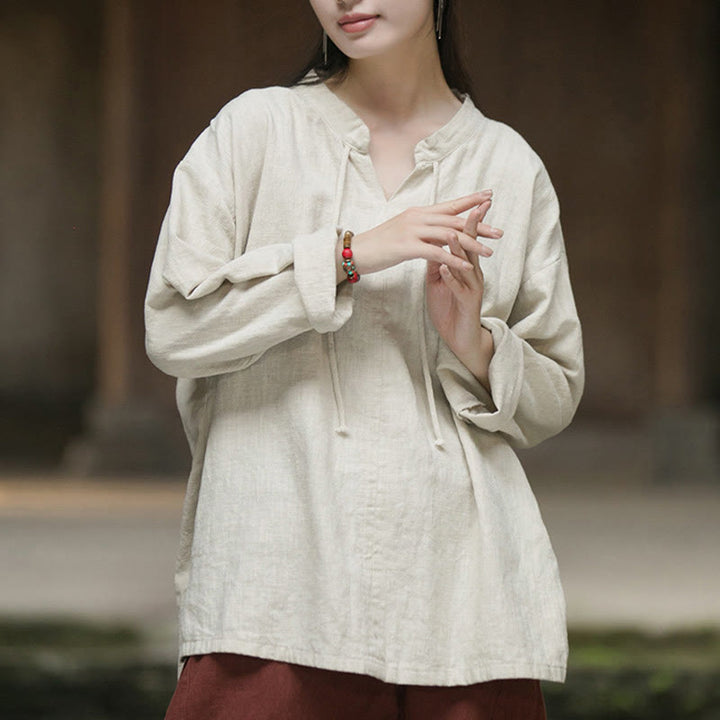 Camicia da donna in lino ramiè a maniche lunghe, stile retrò, tinta unita, motivo Buddha Stones