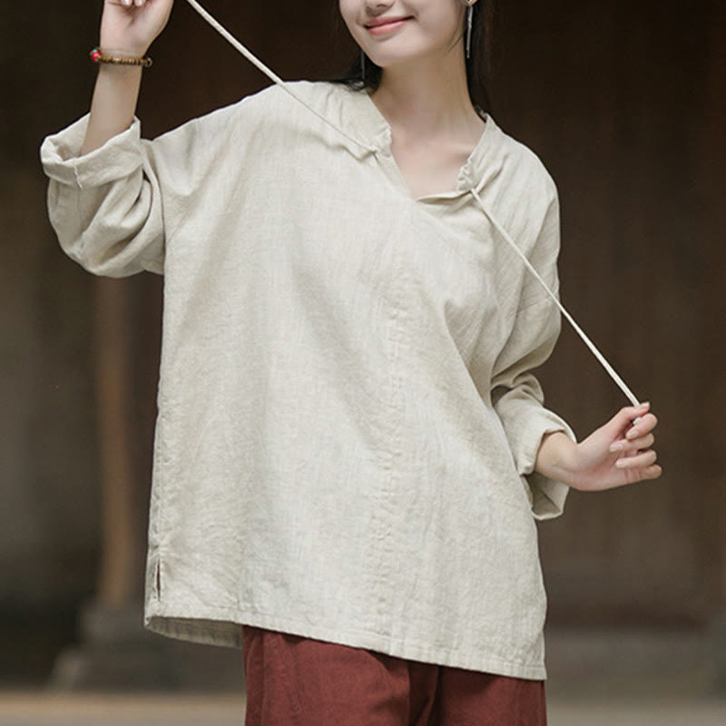 Camicia da donna in lino ramiè a maniche lunghe, stile retrò, tinta unita, motivo Buddha Stones