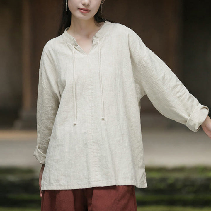 Camicia da donna in lino ramiè a maniche lunghe, stile retrò, tinta unita, motivo Buddha Stones