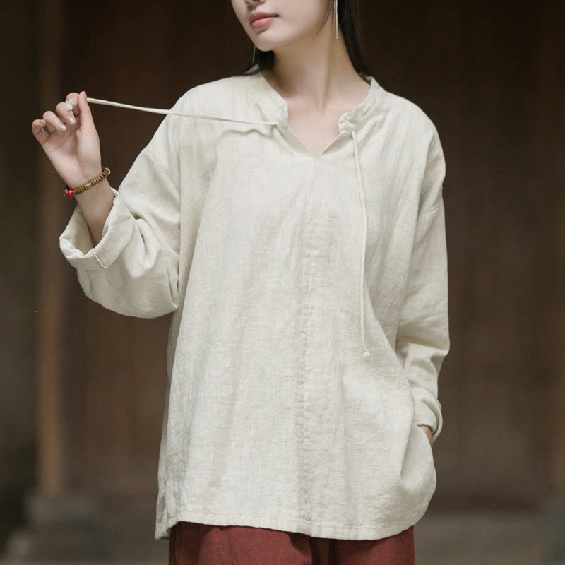 Camicia da donna in lino ramiè a maniche lunghe, stile retrò, tinta unita, motivo Buddha Stones - Beige - US4， UK/AU8，EU36-44 (F) - image 0