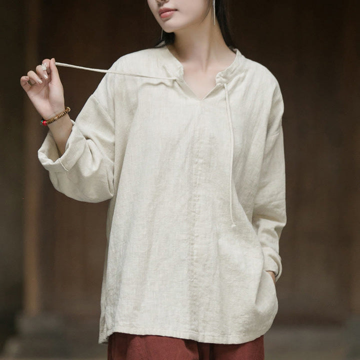 Camicia da donna in lino ramiè a maniche lunghe, stile retrò, tinta unita, motivo Buddha Stones - Beige - US4， UK/AU8，EU36-44 (F) - image 0