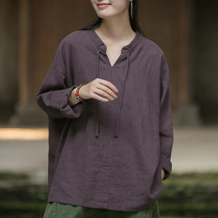 Camicia da donna in lino ramiè a maniche lunghe, stile retrò, tinta unita, motivo Buddha Stones