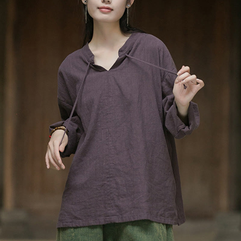 Camicia da donna in lino ramiè a maniche lunghe, stile retrò, tinta unita, motivo Buddha Stones