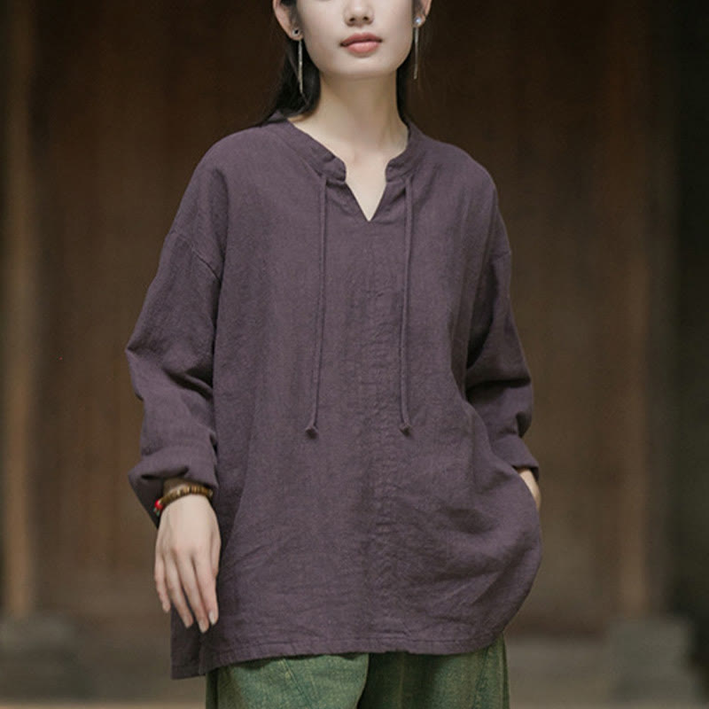 Camicia da donna in lino ramiè a maniche lunghe, stile retrò, tinta unita, motivo Buddha Stones