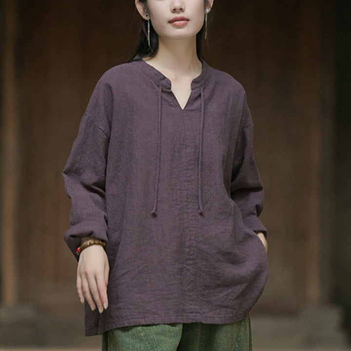 Camicia da donna in lino ramiè a maniche lunghe, stile retrò, tinta unita, motivo Buddha Stones