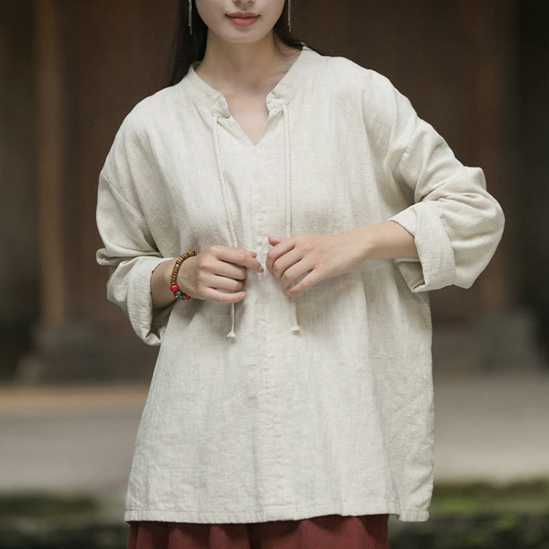 Camicia da donna in lino ramiè a maniche lunghe, stile retrò, tinta unita, motivo Buddha Stones