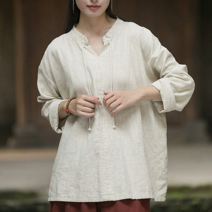 Camicia da donna in lino ramiè a maniche lunghe, stile retrò, tinta unita, motivo Buddha Stones