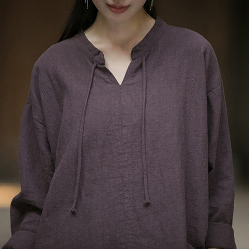 Camicia da donna in lino ramiè a maniche lunghe, stile retrò, tinta unita, motivo Buddha Stones