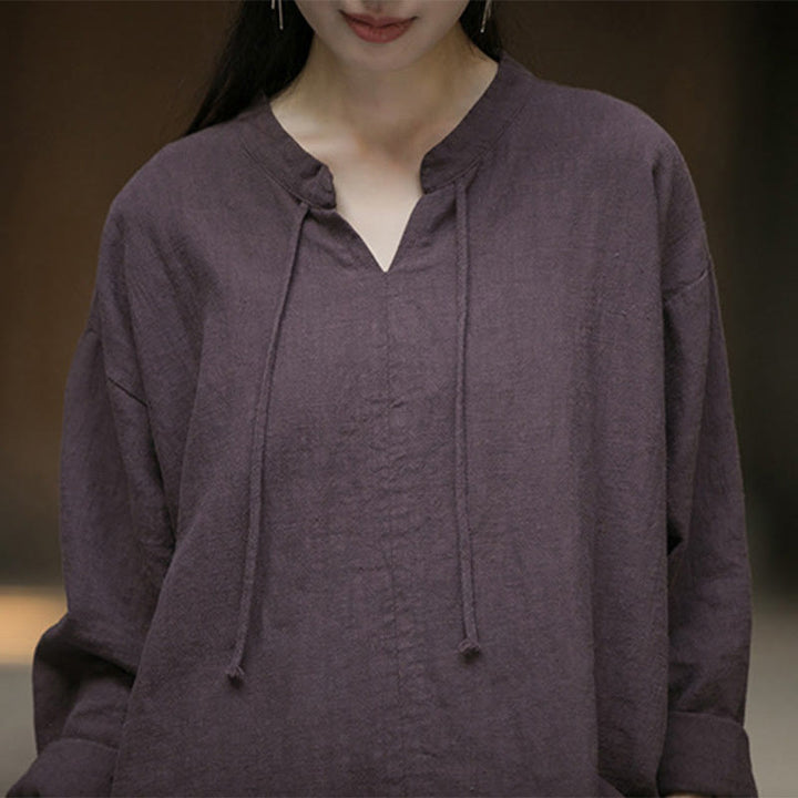 Camicia da donna in lino ramiè a maniche lunghe, stile retrò, tinta unita, motivo Buddha Stones