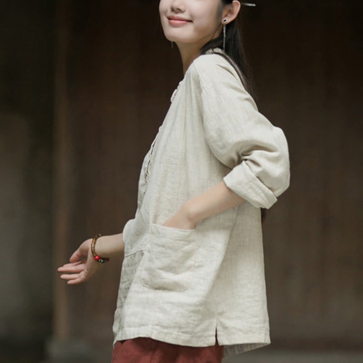 Camicia da donna in lino ramiè con mezza abbottonatura, a maniche lunghe, tinta unita , Buddha Stones