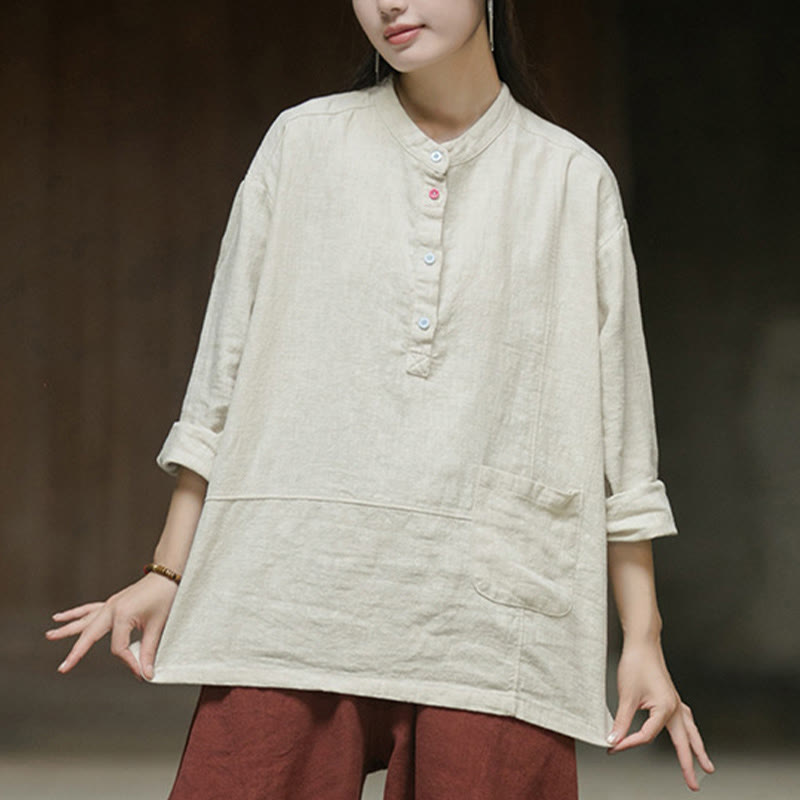 Camicia da donna in lino ramiè con mezza abbottonatura, a maniche lunghe, tinta unita , Buddha Stones