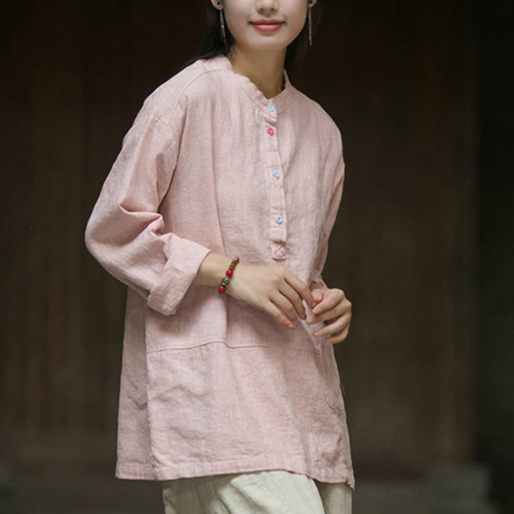 Camicia da donna in lino ramiè con mezza abbottonatura, a maniche lunghe, tinta unita , Buddha Stones