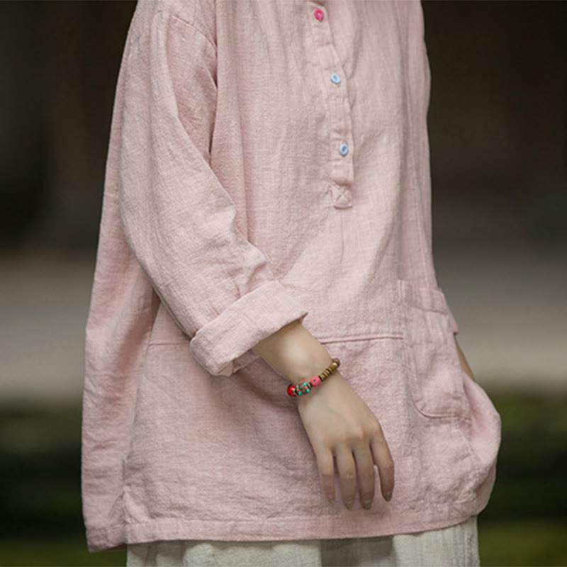 Camicia da donna in lino ramiè con mezza abbottonatura, a maniche lunghe, tinta unita , Buddha Stones