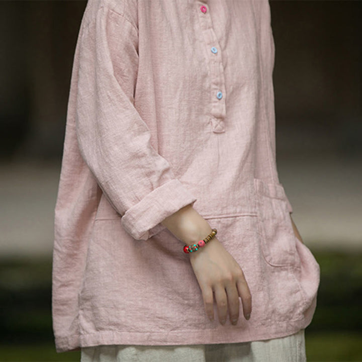 Camicia da donna in lino ramiè con mezza abbottonatura, a maniche lunghe, tinta unita , Buddha Stones