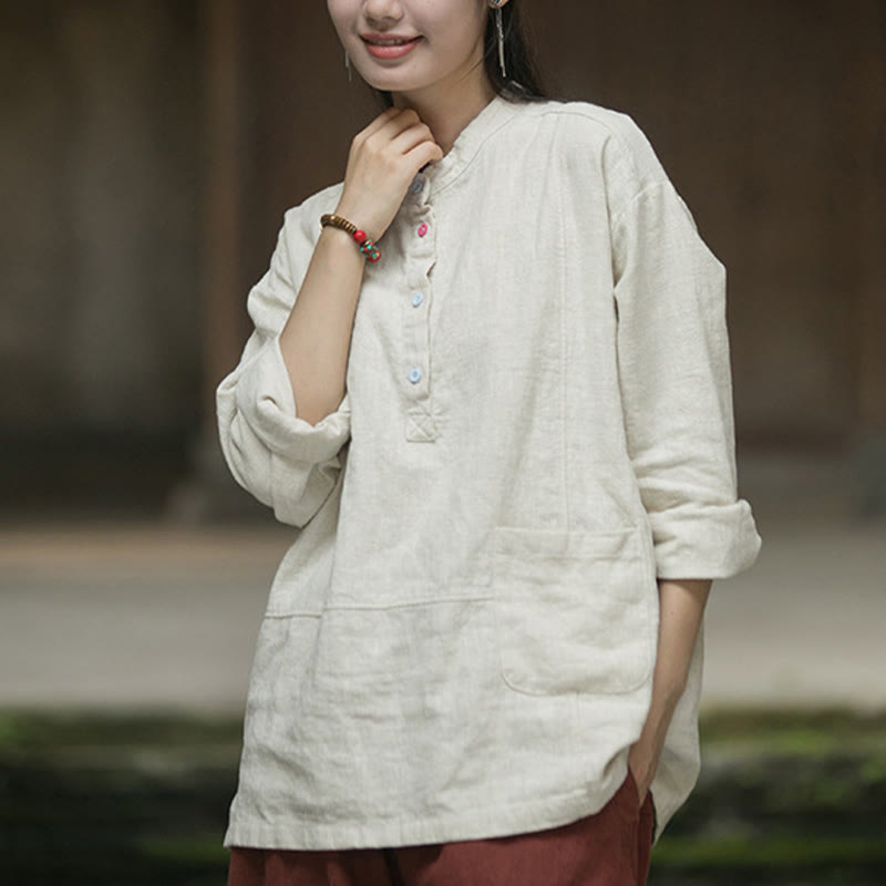 Camicia da donna in lino ramiè con mezza abbottonatura, a maniche lunghe, tinta unita , Buddha Stones