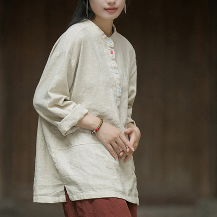 Camicia da donna in lino ramiè con mezza abbottonatura, a maniche lunghe, tinta unita , Buddha Stones