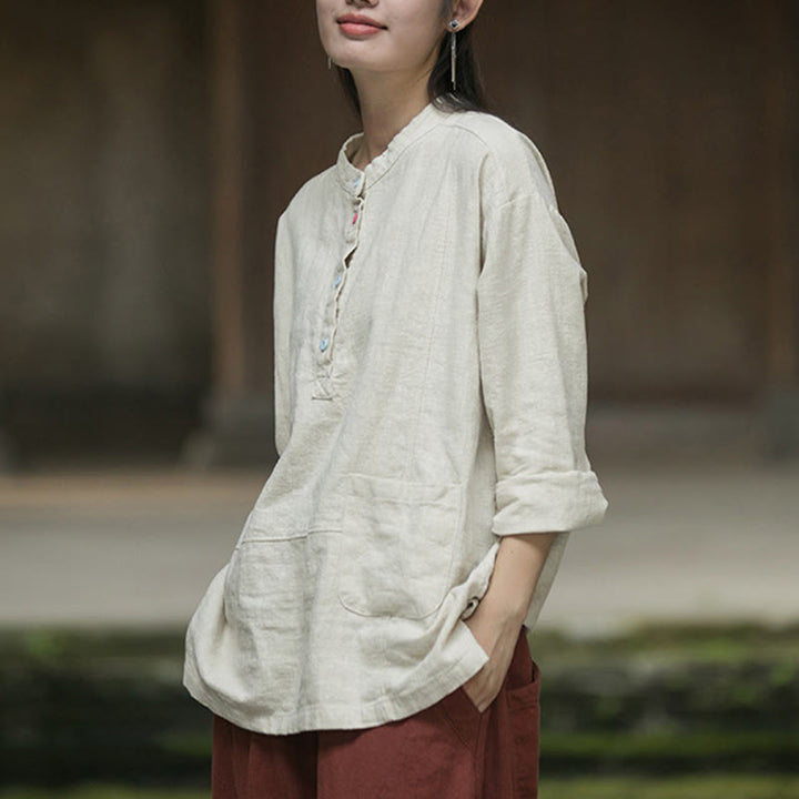 Camicia da donna in lino ramiè con mezza abbottonatura, a maniche lunghe, tinta unita , Buddha Stones