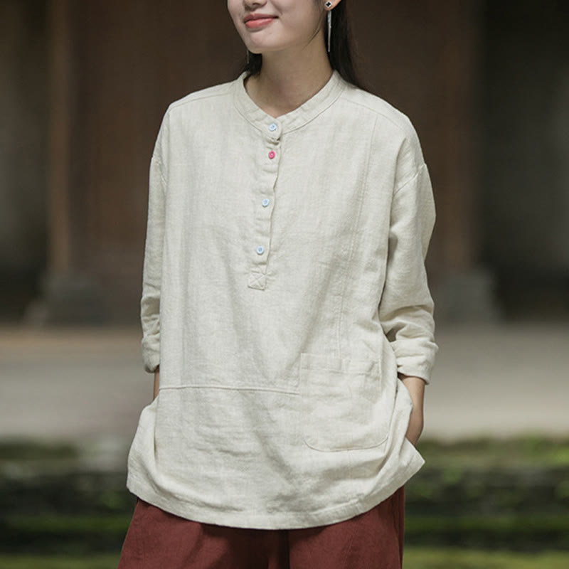 Camicia da donna in lino ramiè con mezza abbottonatura, a maniche lunghe, tinta unita , Buddha Stones