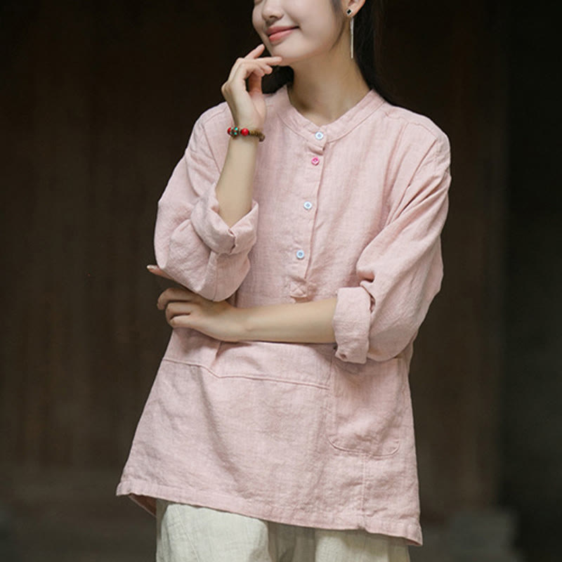 Camicia da donna in lino ramiè con mezza abbottonatura, a maniche lunghe, tinta unita , Buddha Stones