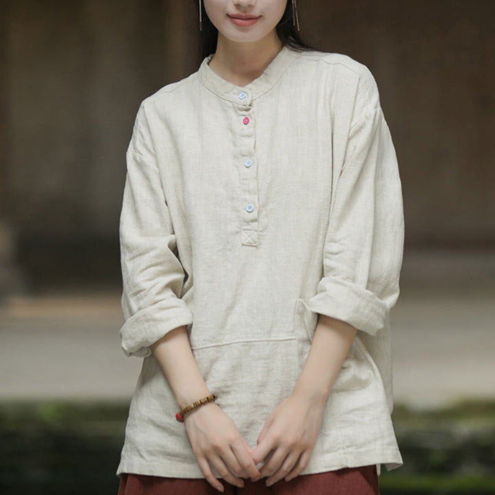Camicia da donna in lino ramiè con mezza abbottonatura, a maniche lunghe, tinta unita , Buddha Stones